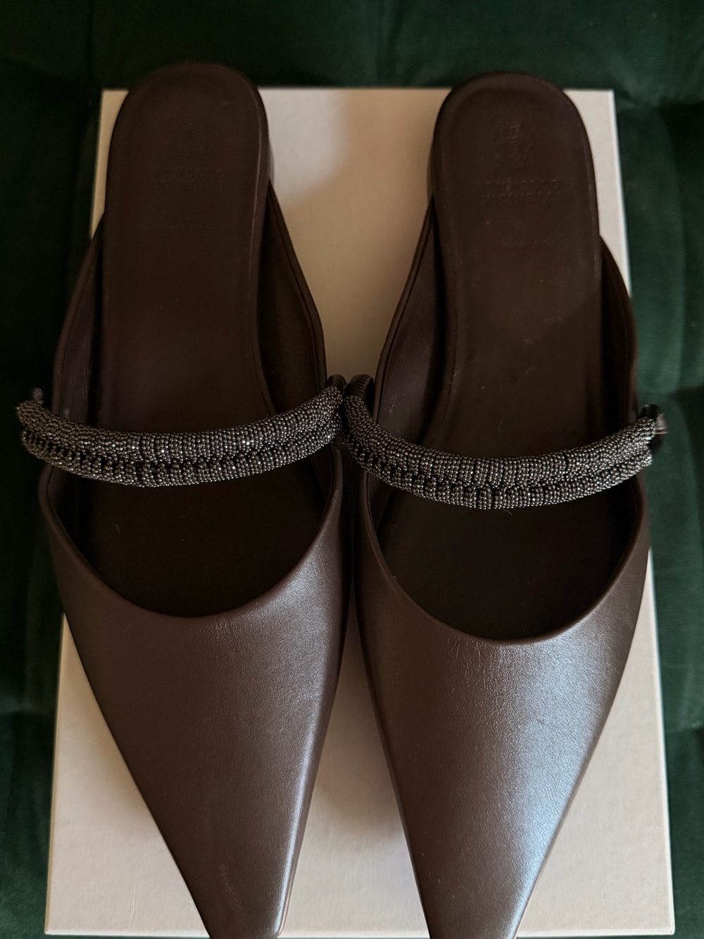 Brunello Women's Brown Pointed-Toe Slip-On Mules with Beaded Strap